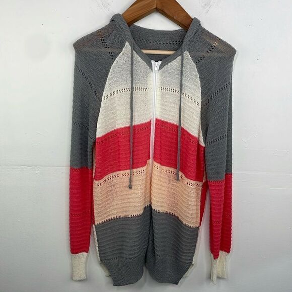 Colorful Striped Lightweight Front Zipper Sweater with Hood long sleeves Large - Picture 1 of 13